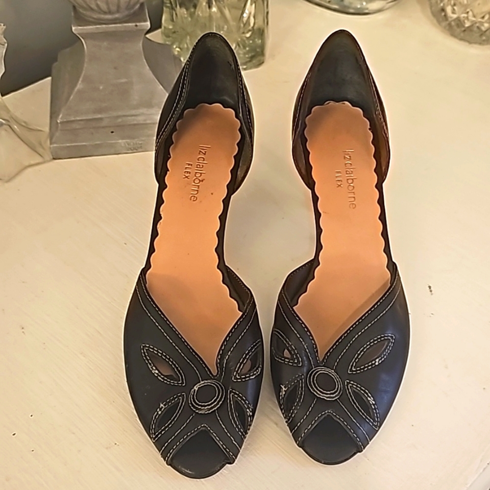 Liz Claiborne Flex Designer Shoes, Sz 8.5, Black, Genuine Leather, Peep Toe, 2"
